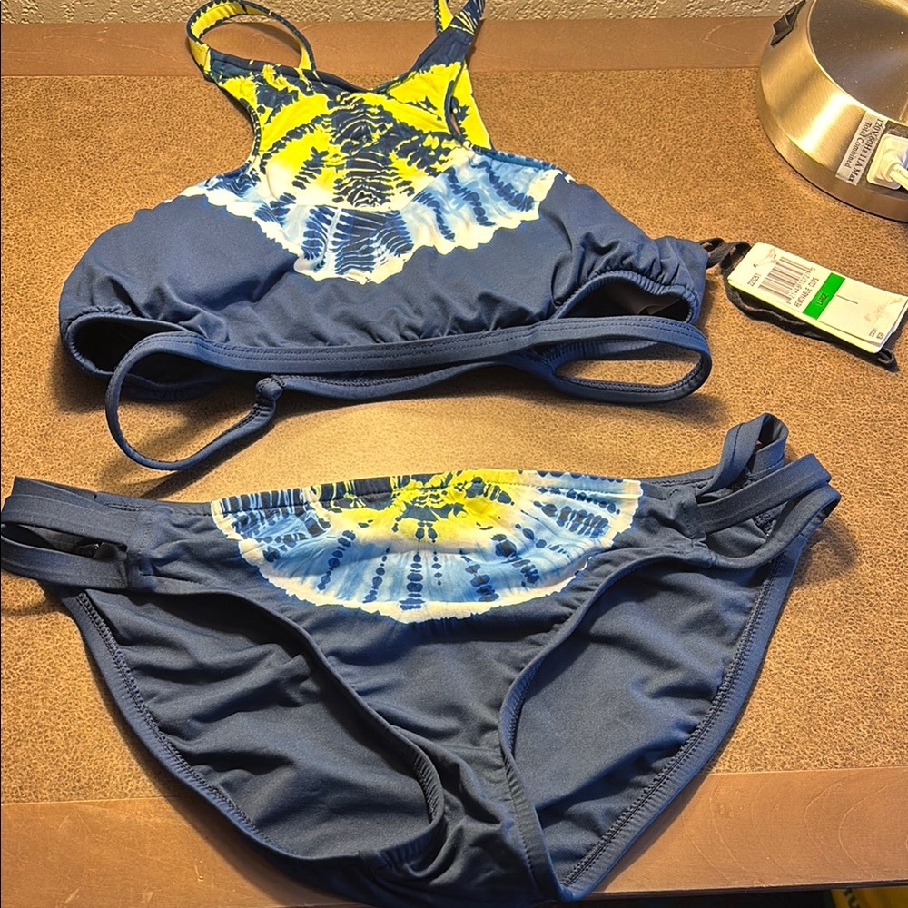 Lucky Brand Navy and Yellow Tie-Dye Bikini large top , Medium bottom NWT$